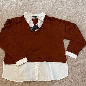 Adrianna Papell Rust V-Neck Sweater with White Collar